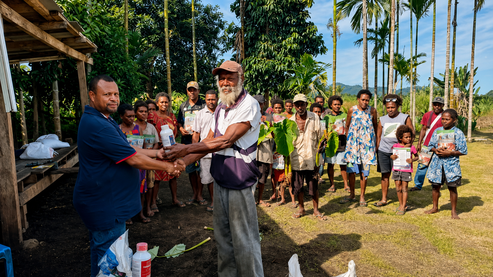 FPDA Taro Training Officer with Langimar Fresh-Field Farm farmers near a taro field in Menyamya District